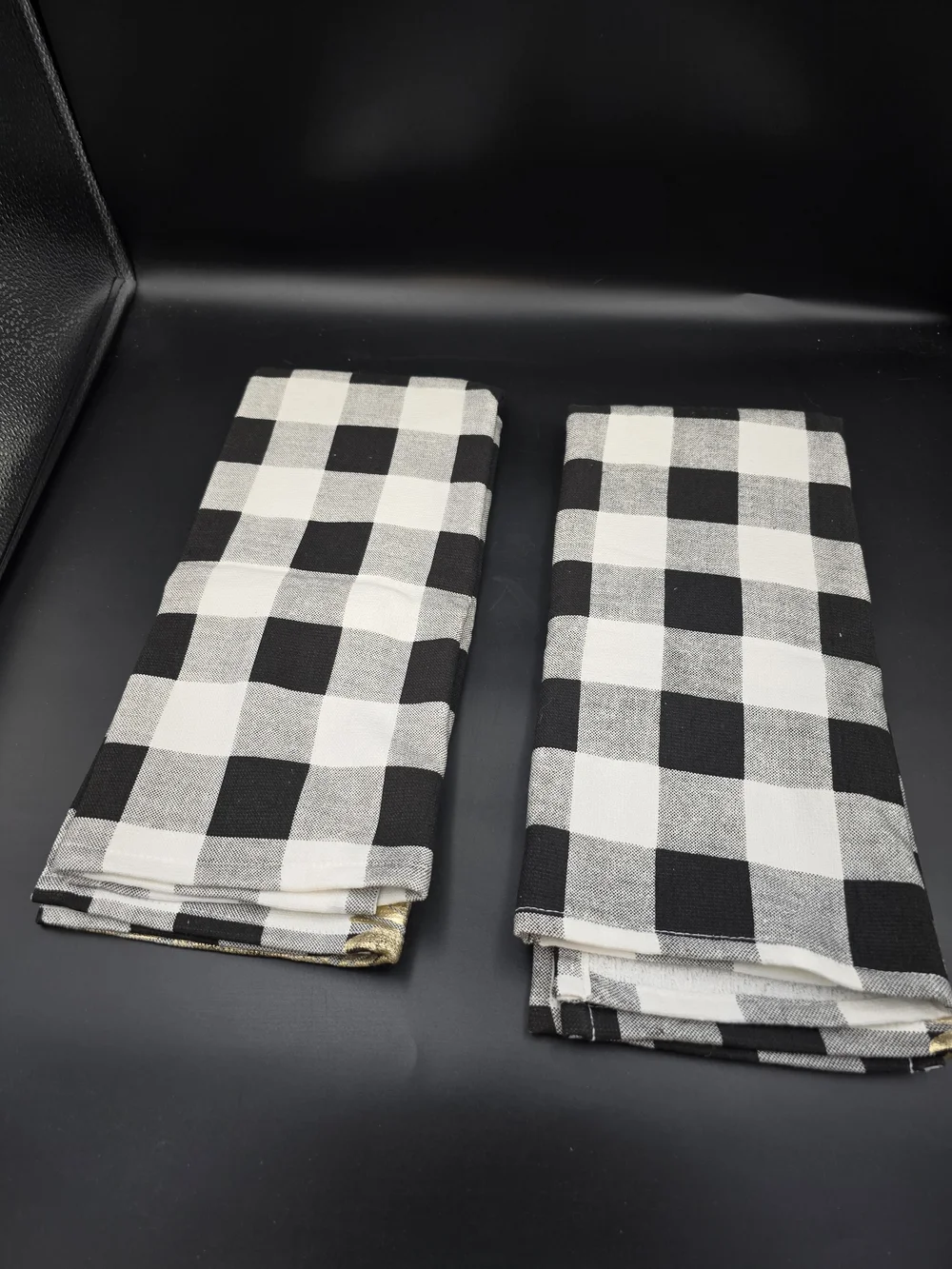 kate spade Black & White Buffalo Check Towels with Gold Sunflower